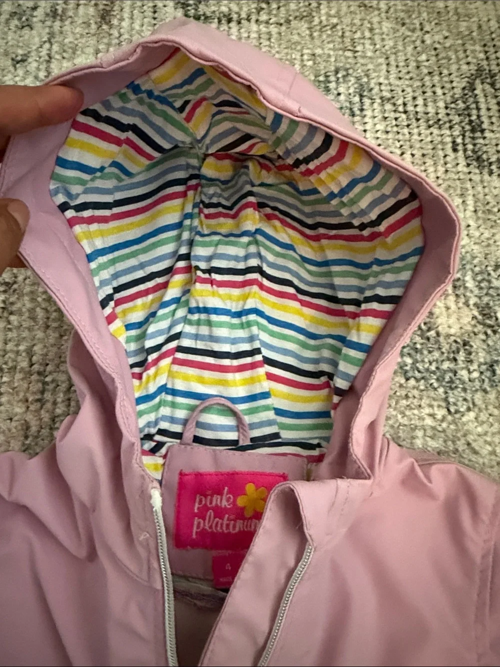 Girls' Pink Hooded Raincoat with Striped Lining